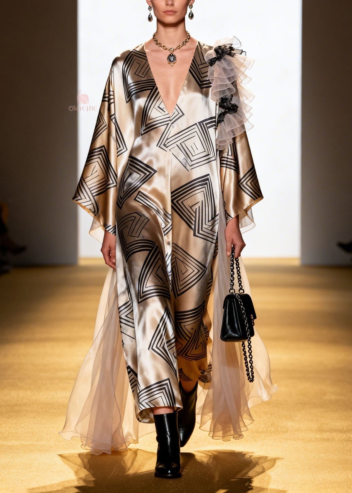 Geometric Print Deep V-Neck Sleeve Shoulder Ruffle Maxi Dress - View 3
