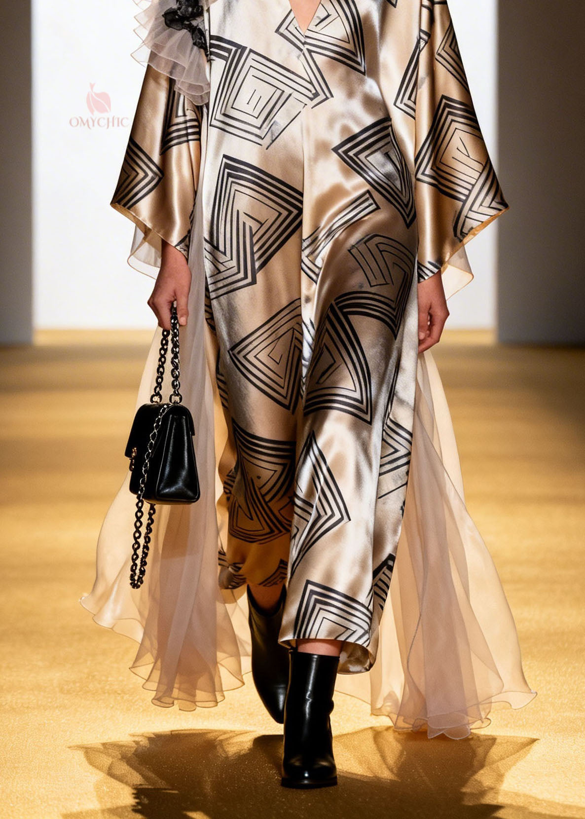 Geometric Print Deep V-Neck Sleeve Shoulder Ruffle Maxi Dress - View 4