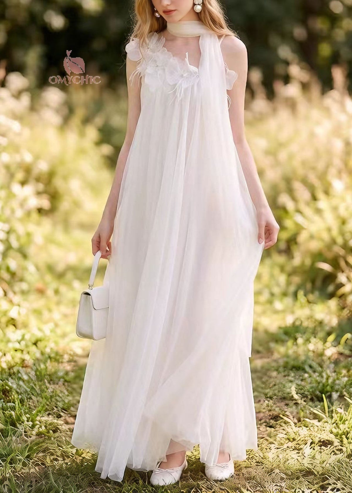 Beaded Floral Appliqué Halter Neck Scarf Tie A-Line Maxi Gown