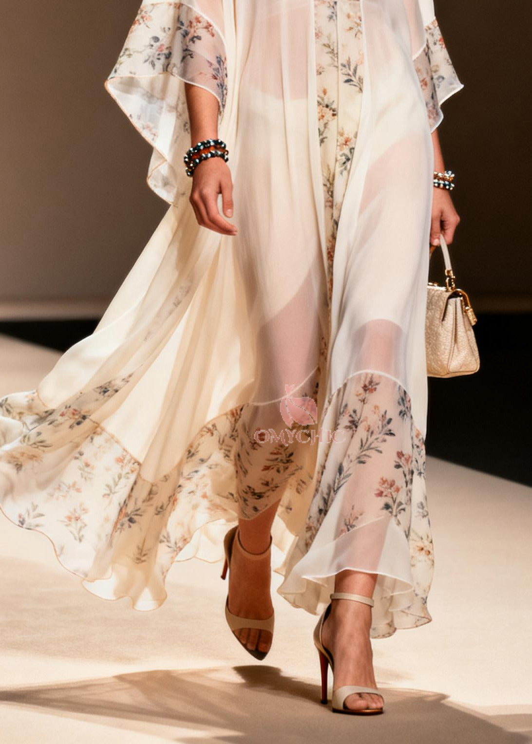 Sheer Chiffon Floral Panel V-Neck Bell Sleeve Kaftan Maxi Gown - View 4