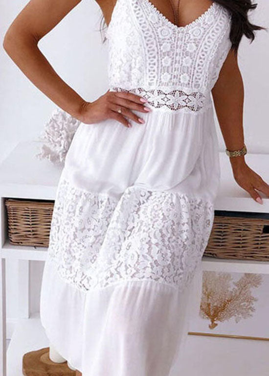 White V Neck Lace Patchwork Cotton Spaghetti Strap Dress - View 4