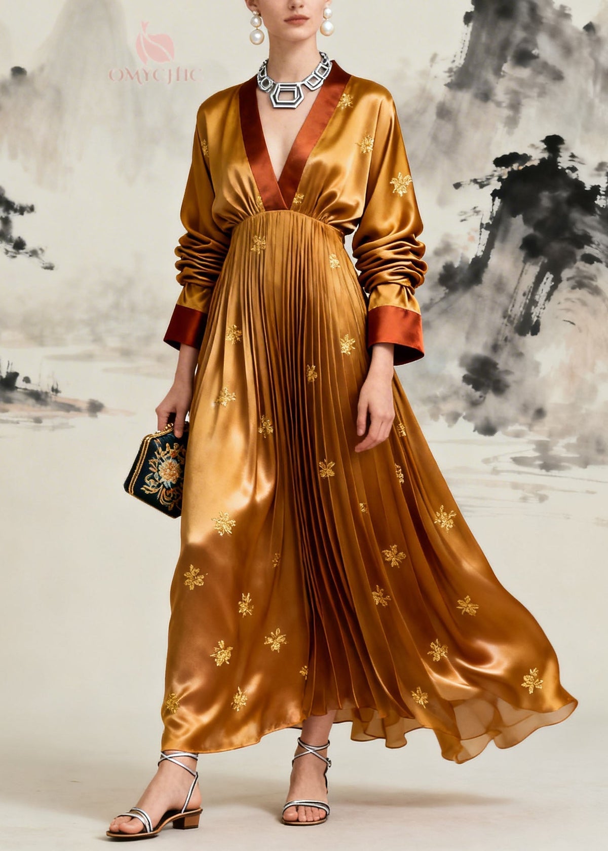 Deep V-Neck Long Sleeve Floral Embroidered Pleated Satin Maxi Dress