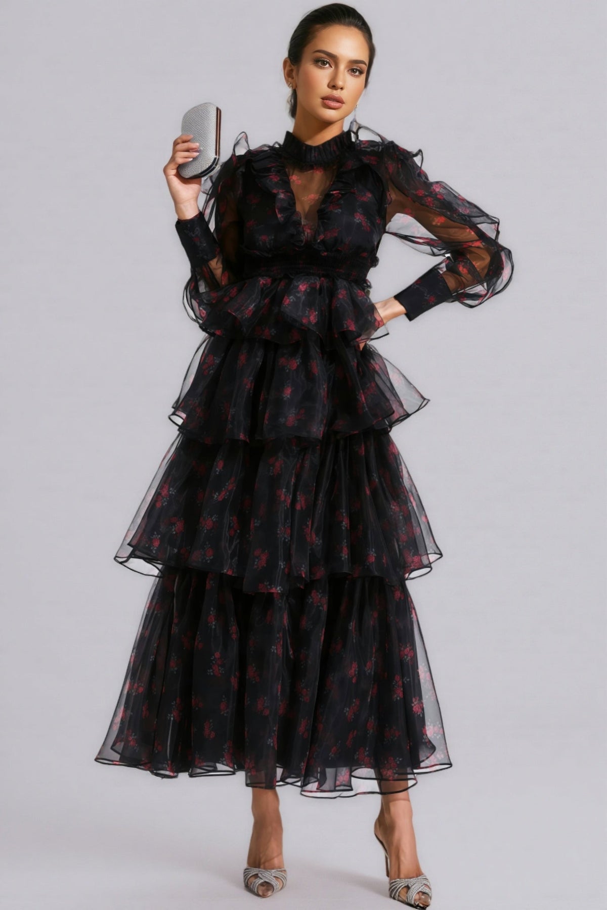 Ellarv Black Crushed Mesh Maxi Dress