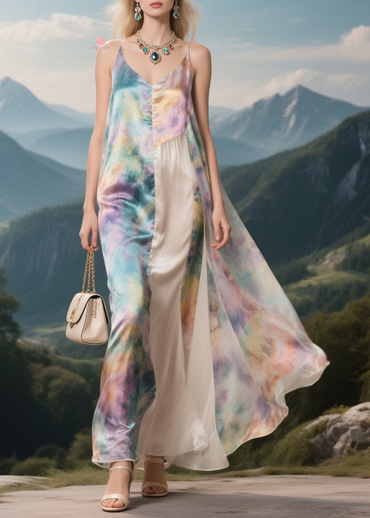 Brief V Neck Patchwork Silk Maxi Spaghetti Strap Dresses Summer - View 5