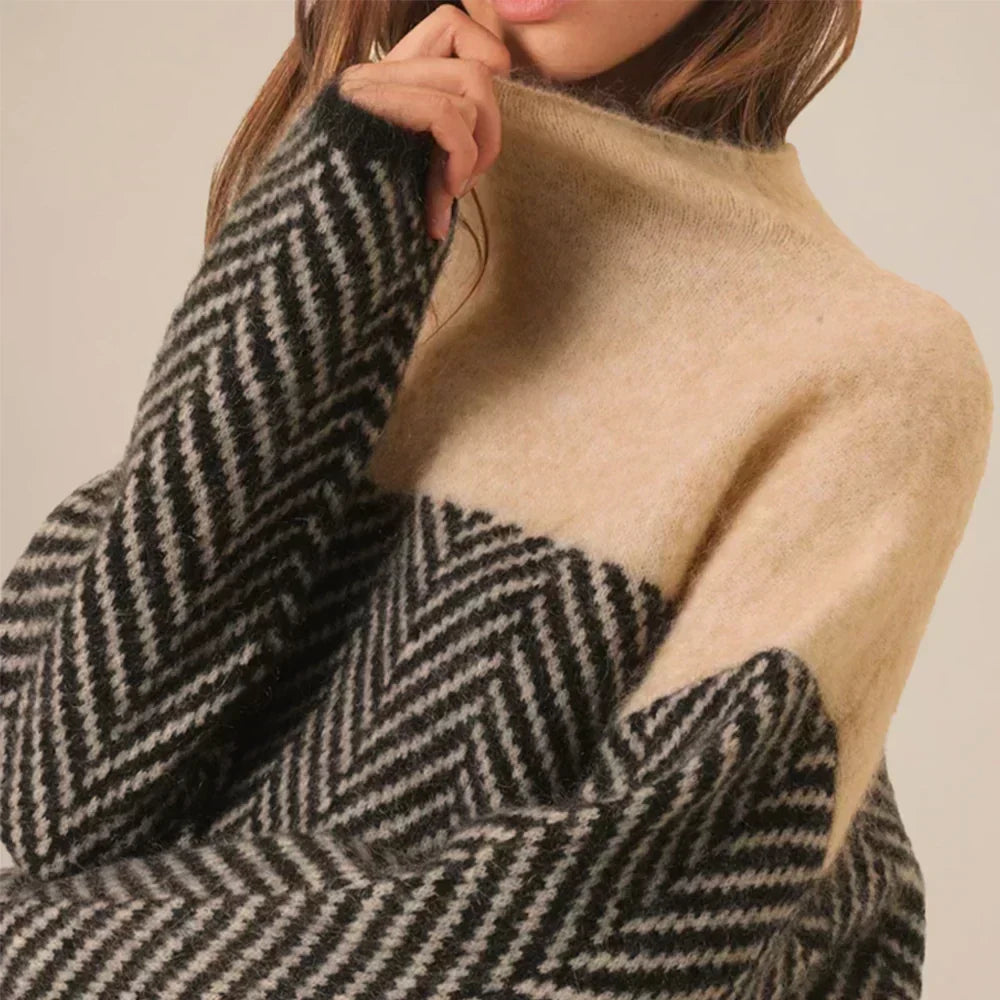 Turtleneck Herringbone Colorblock Knit Sweater 5
