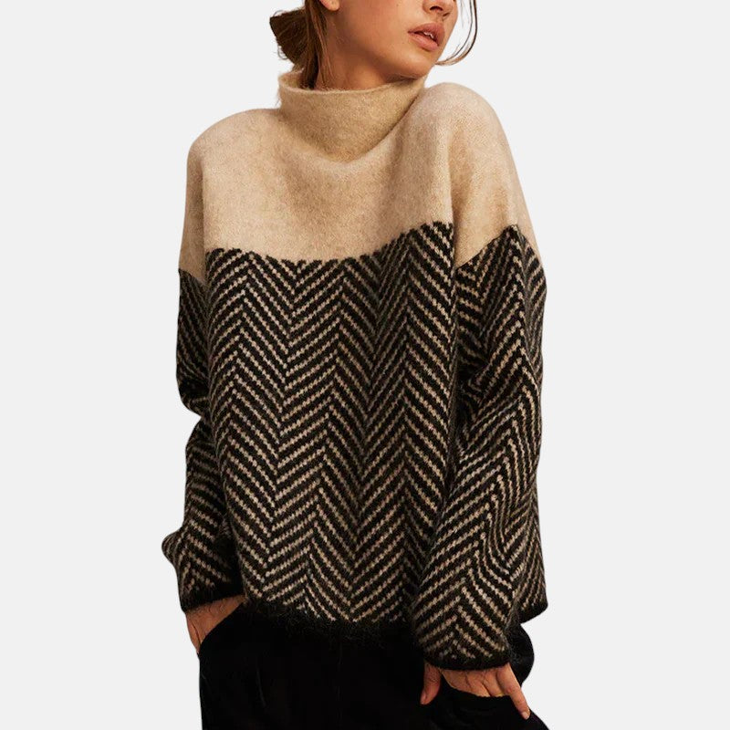 Turtleneck Herringbone Colorblock Oversized Sweater 2