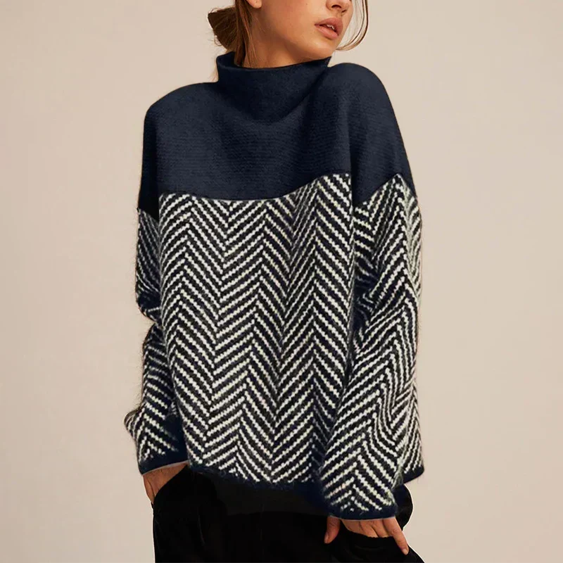 Turtleneck Herringbone Colorblock Knit Sweater 2