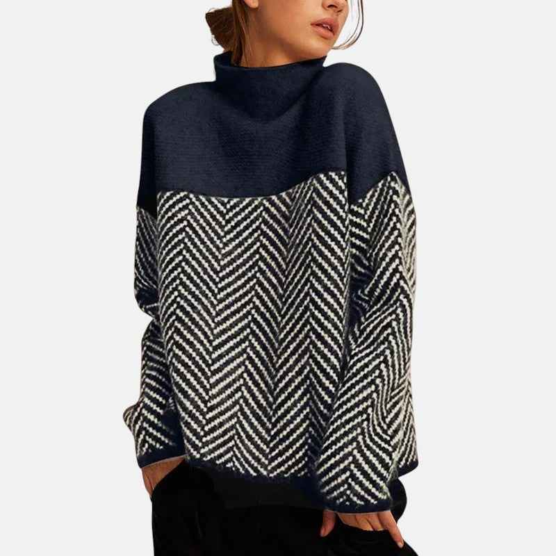 Turtleneck Color Block Herringbone Oversized Knit Sweater