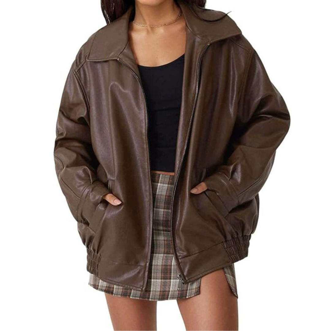 Oversized Spread Collar Zip Front Faux Leather Bomber Jacket 2