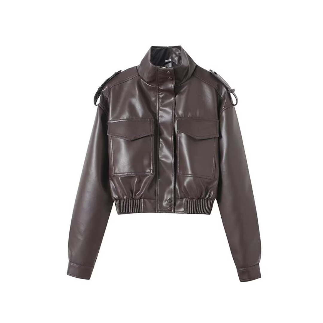 Zip Front Cropped Faux Leather Bomber Jacket 2