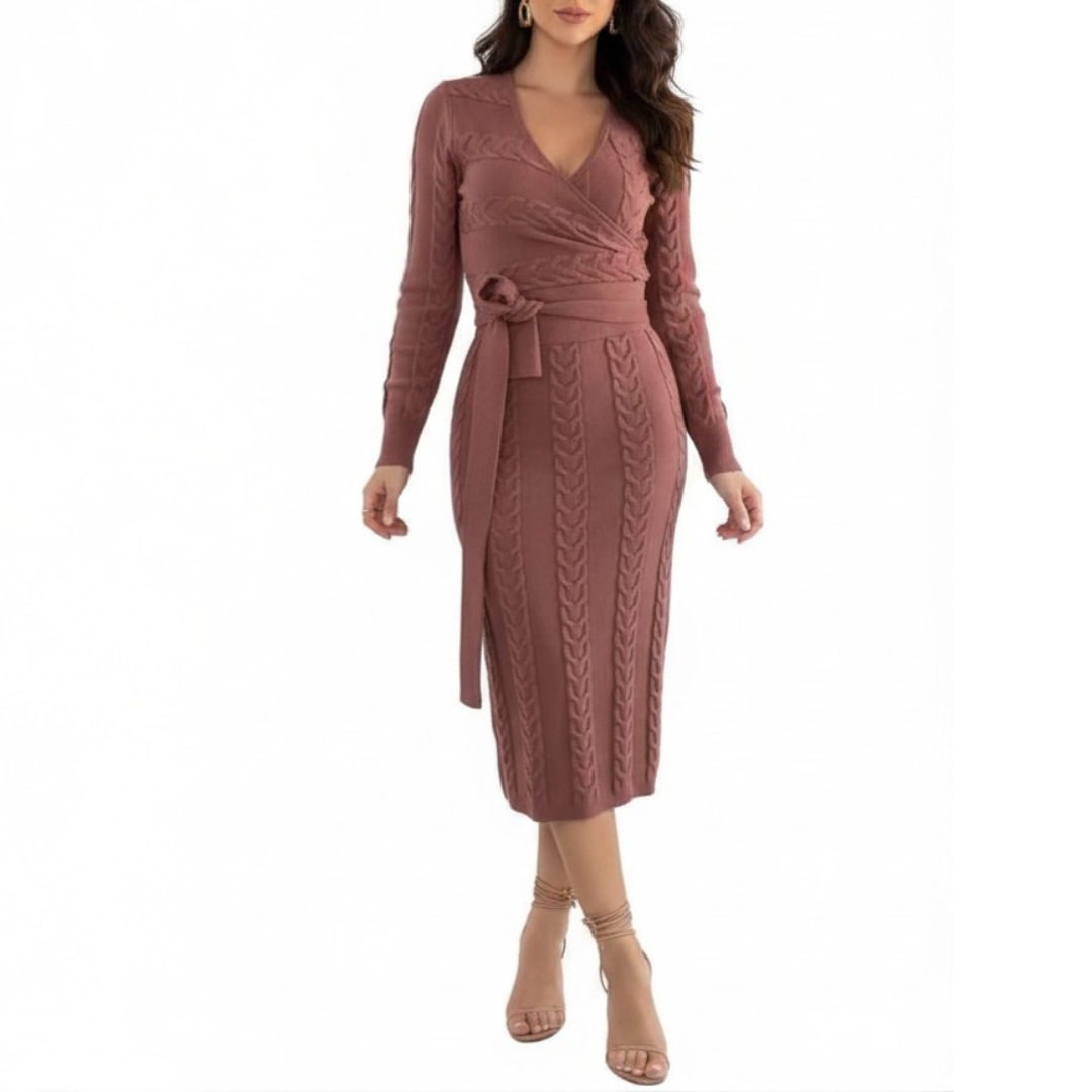 V-Neck Long Sleeve Cable Knit Belted Wrap Sweater Dress
