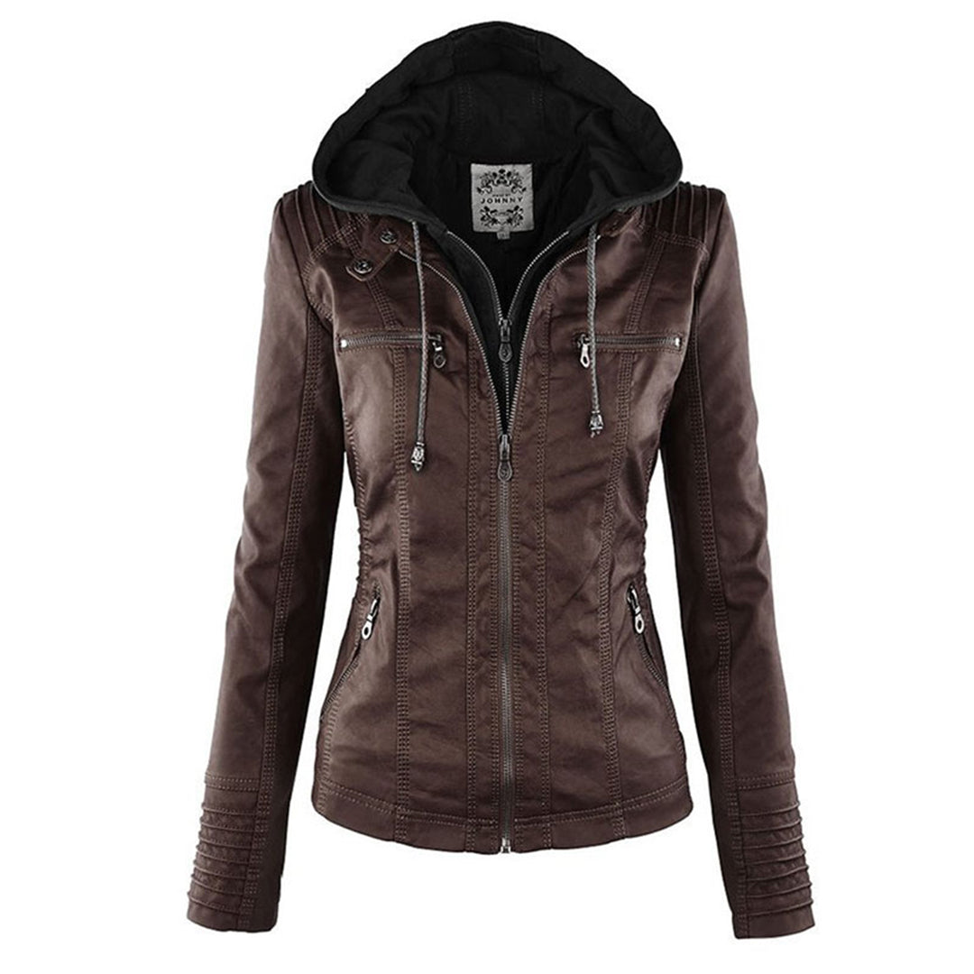 Faux Leather Removable Hood Zip Front Moto Jacket 4
