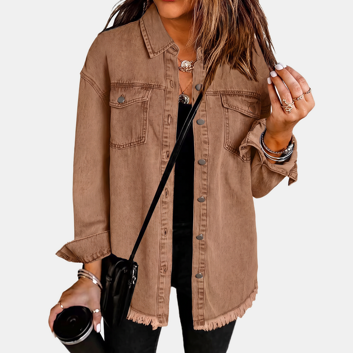 Oversized Frayed Hem Button Front Denim Shacket 3