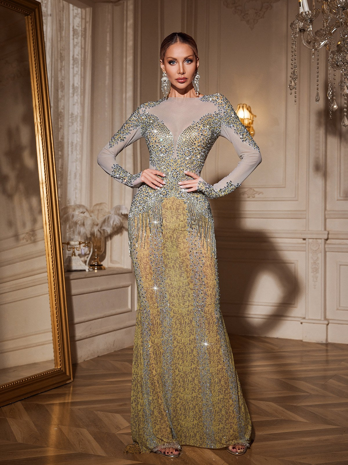 Mock Neck Long Sleeve Rhinestone Fringe Damask Mesh Mermaid Maxi Gown - View 2