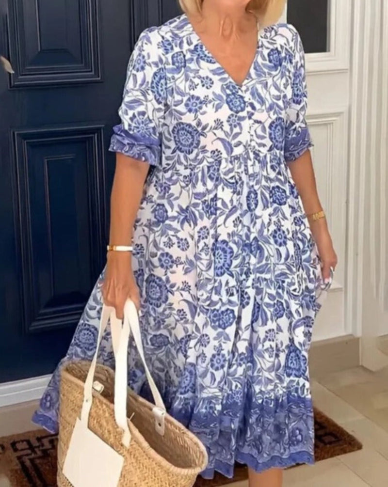 Floral V-Neck Short Sleeve Tiered Maxi Dress 3