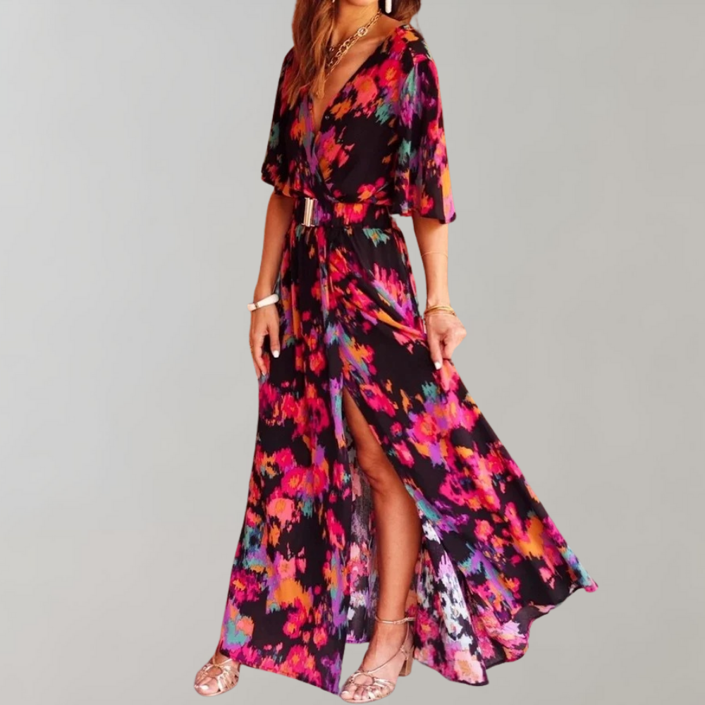 Snake Print V-Neck Flutter Sleeve Wrap High Split Maxi Dress 2
