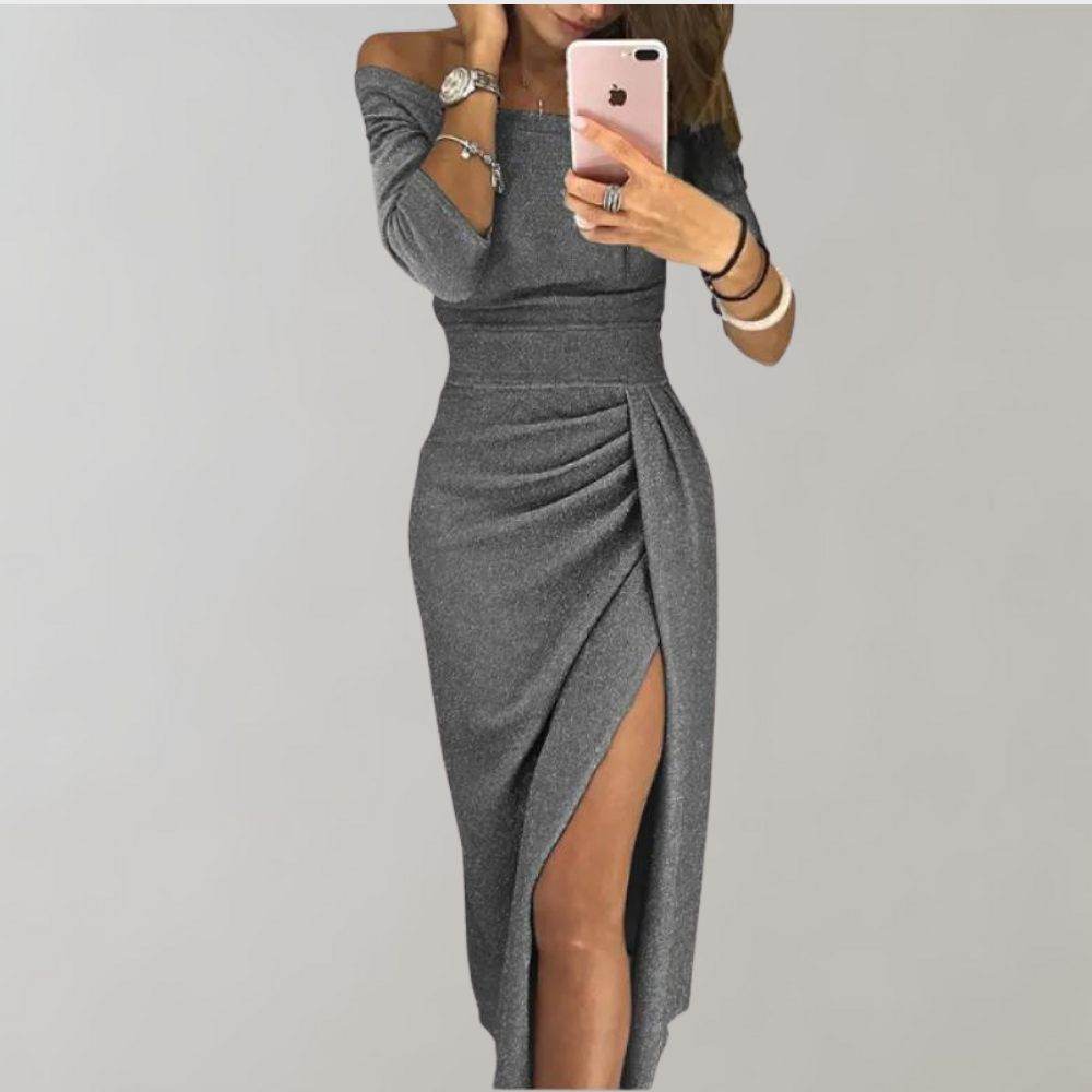 Glitter Off Shoulder Waistband Ruched Wrap Bodycon Midi Dress - View 5