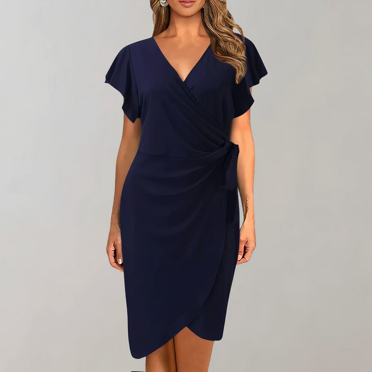 V-Neck Flutter Sleeve Wrap Tie Waist Tulip Hem Mini Dress - View 4