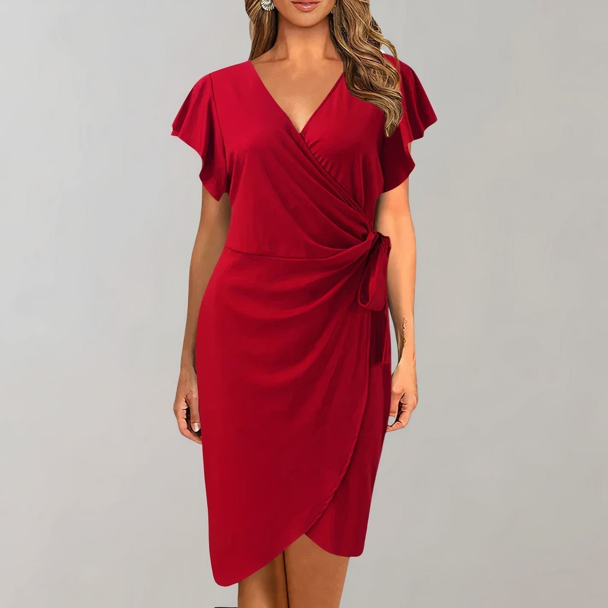 V-Neck Flutter Sleeve Wrap Tie Waist Tulip Hem Mini Dress - View 3