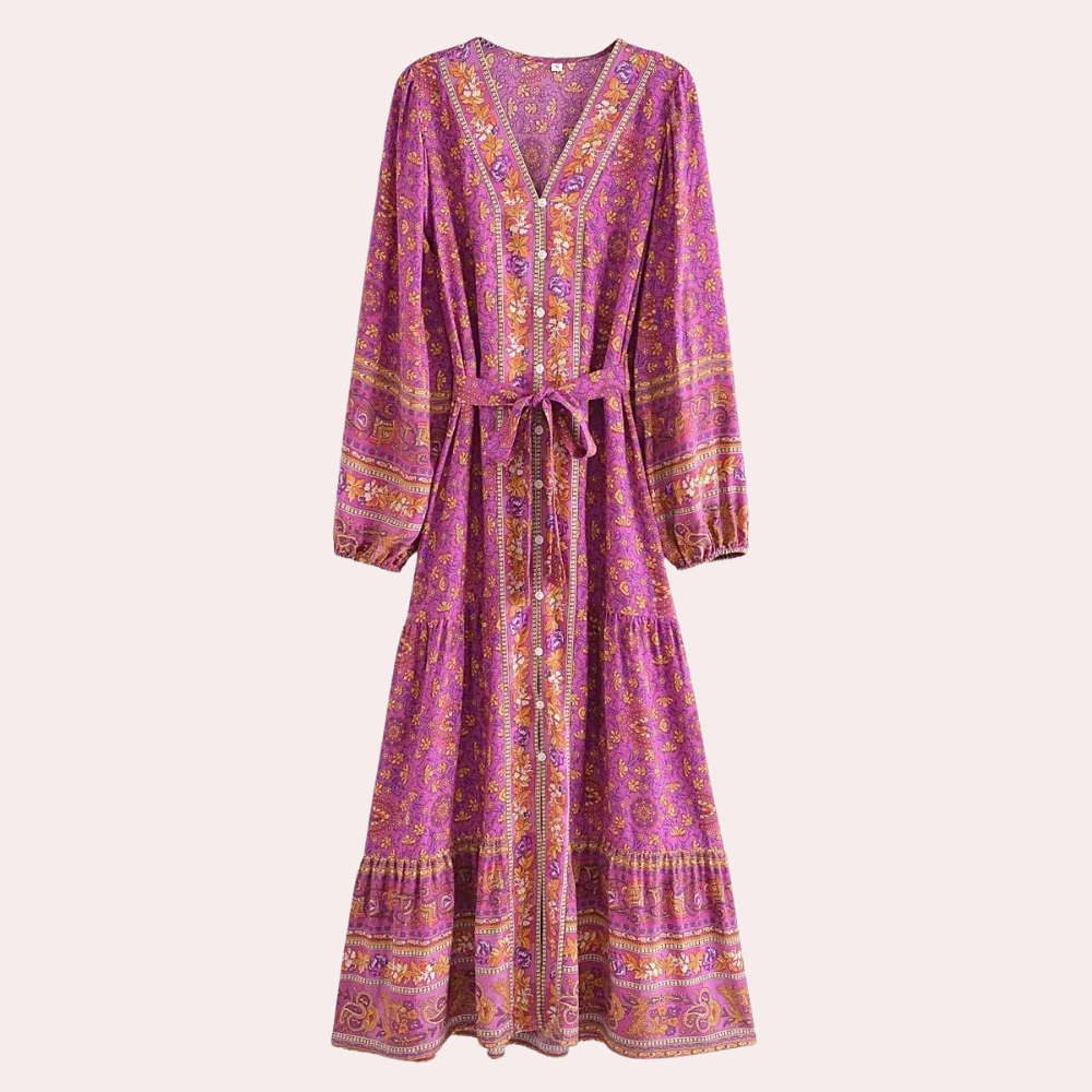 Floral Paisley Print V-Neck Button Front Long Sleeve Maxi Dress - View 6