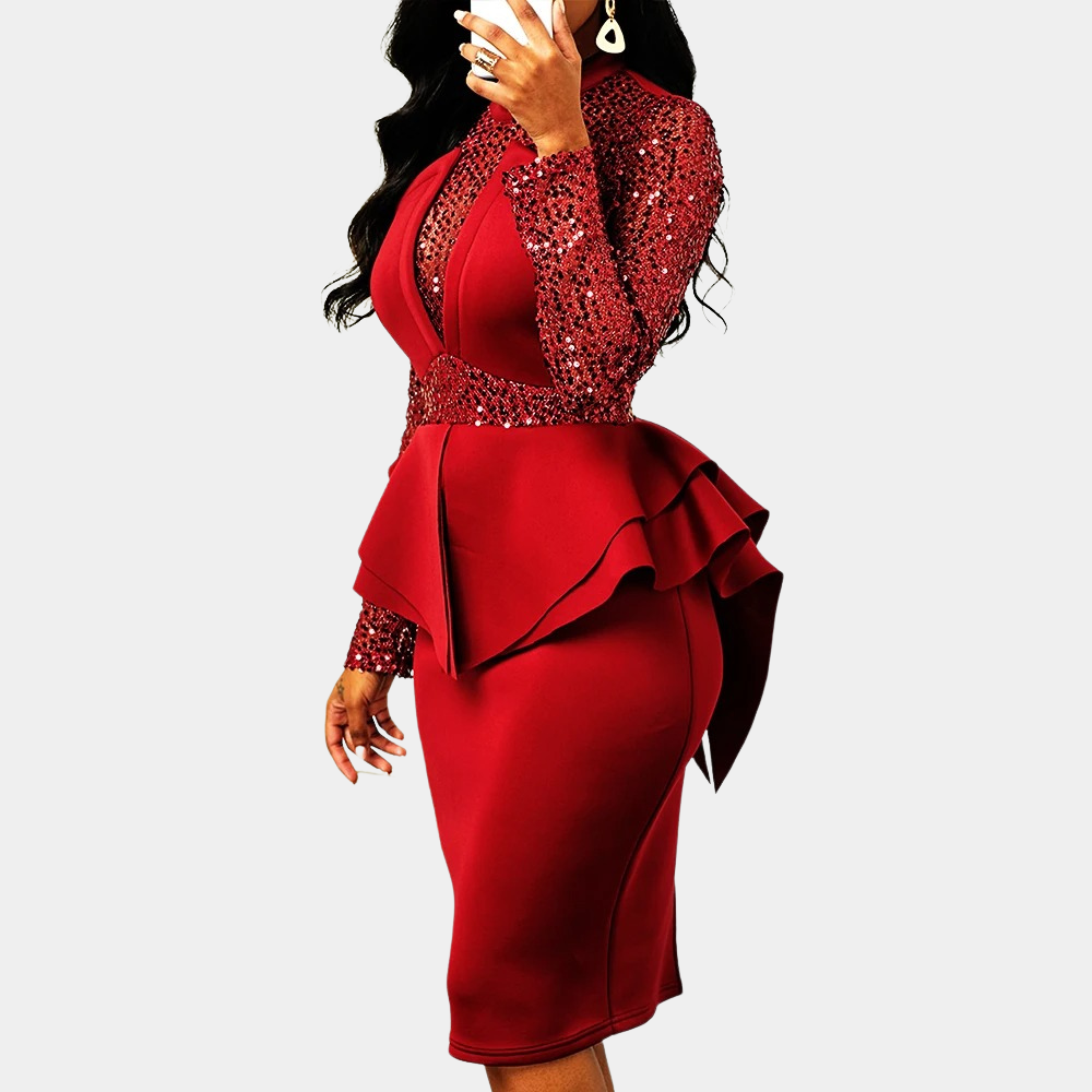 Sequin High Neck Long Sleeve Peplum Bodycon Midi Dress - View 4