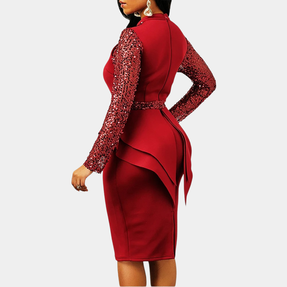 Sequin High Neck Long Sleeve Peplum Bodycon Midi Dress - View 5