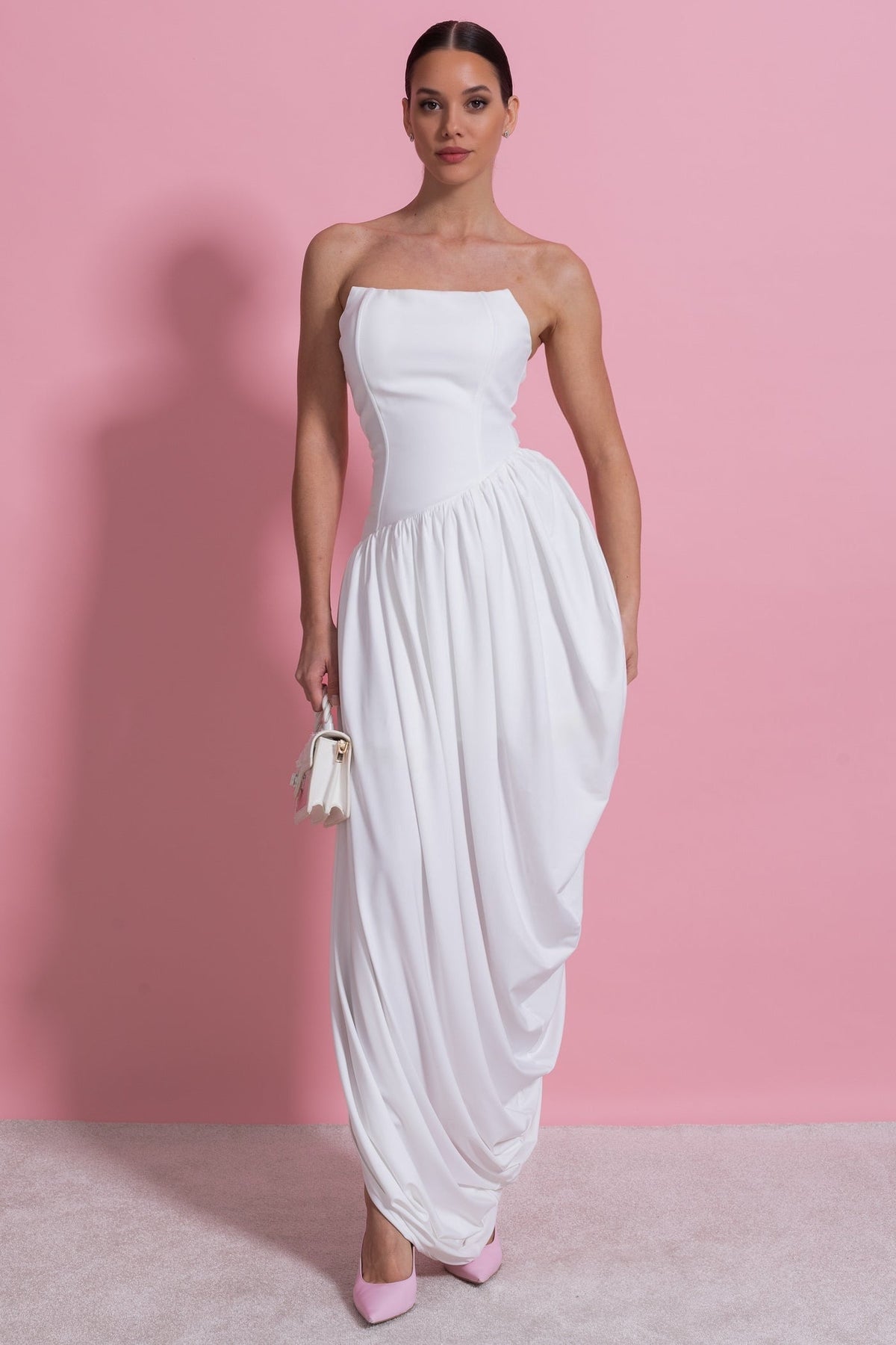 Strapless Maxi Dress With Asymmetric Draped Skirt - White - View 6