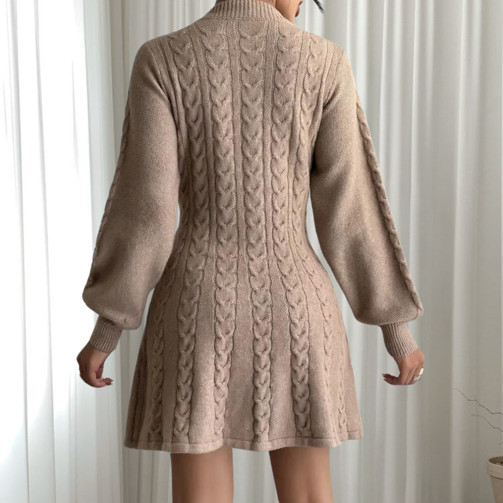 Cable Knit Deep V-Neck Lantern Sleeve Fit and Flare Mini Dress - View 2