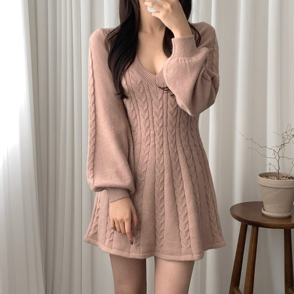 Cable Knit Deep V-Neck Lantern Sleeve Fit and Flare Mini Dress - View 4