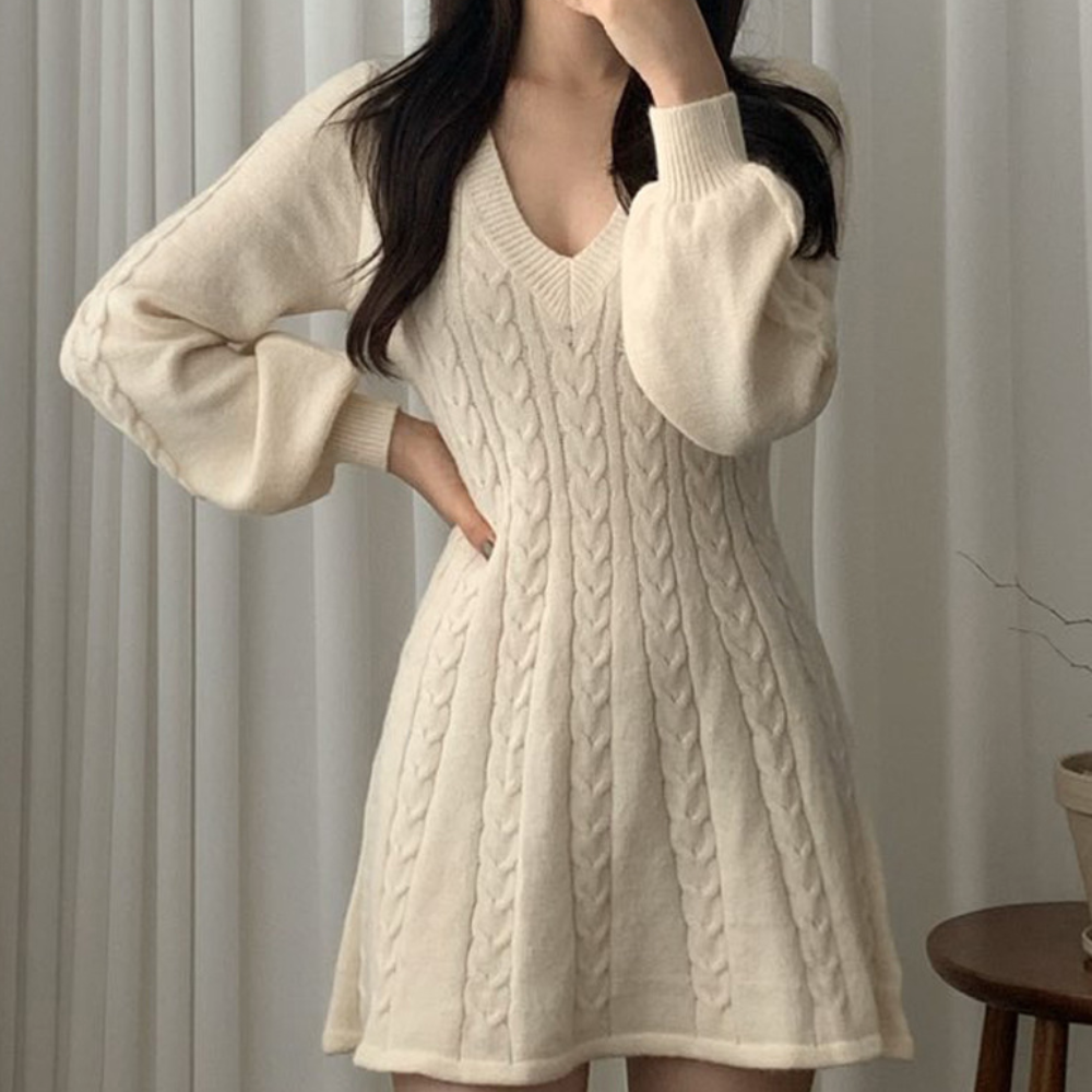 Cable Knit Deep V-Neck Lantern Sleeve Fit and Flare Mini Dress - View 5