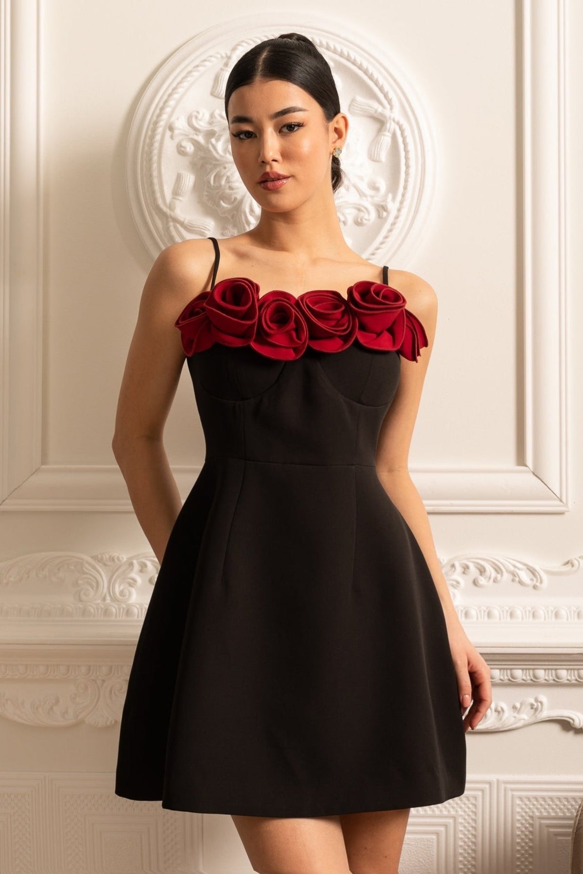 Spaghetti Strap 3D Rose Applique Corset Fit and Flare Mini Dress