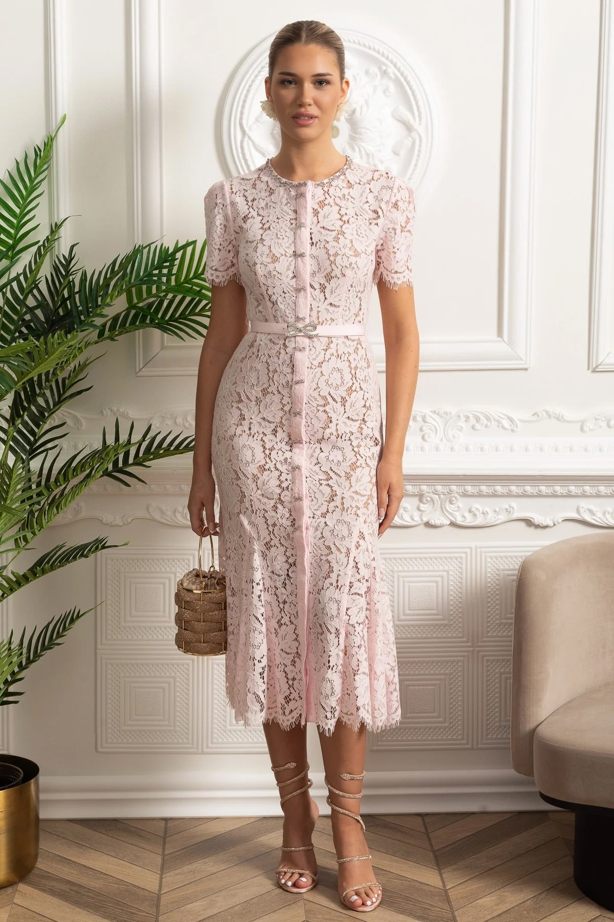 Floral Lace Short Sleeve Button Front Scalloped Hem Belted Midi Dress - View 5