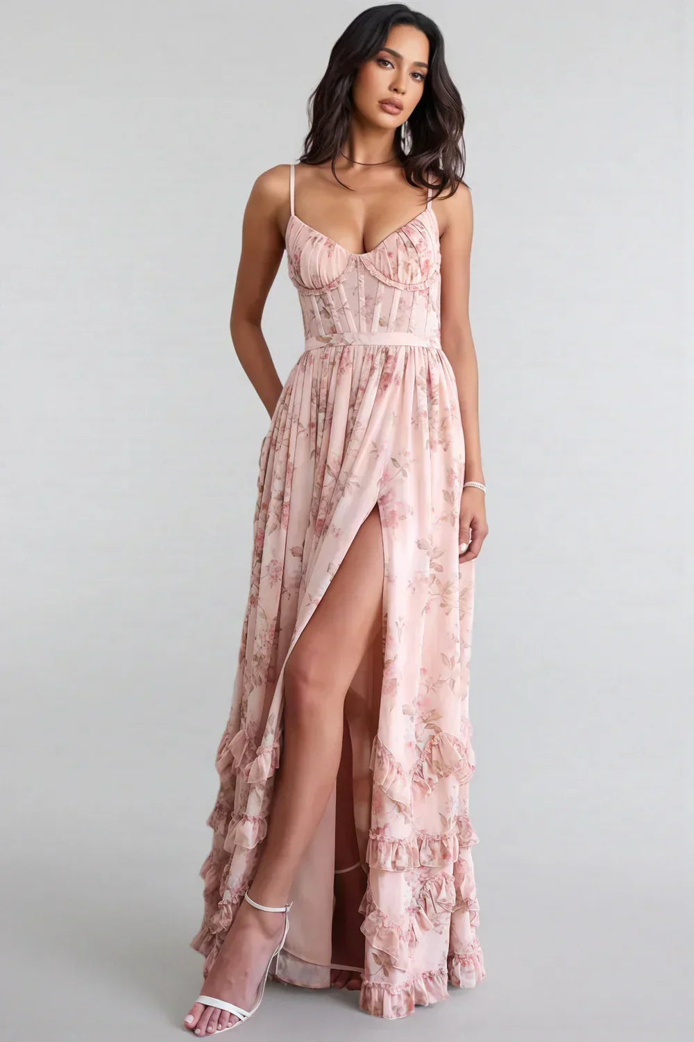 Floral Print Corset Bodice High Split Ruffle Hem Maxi Dress 8