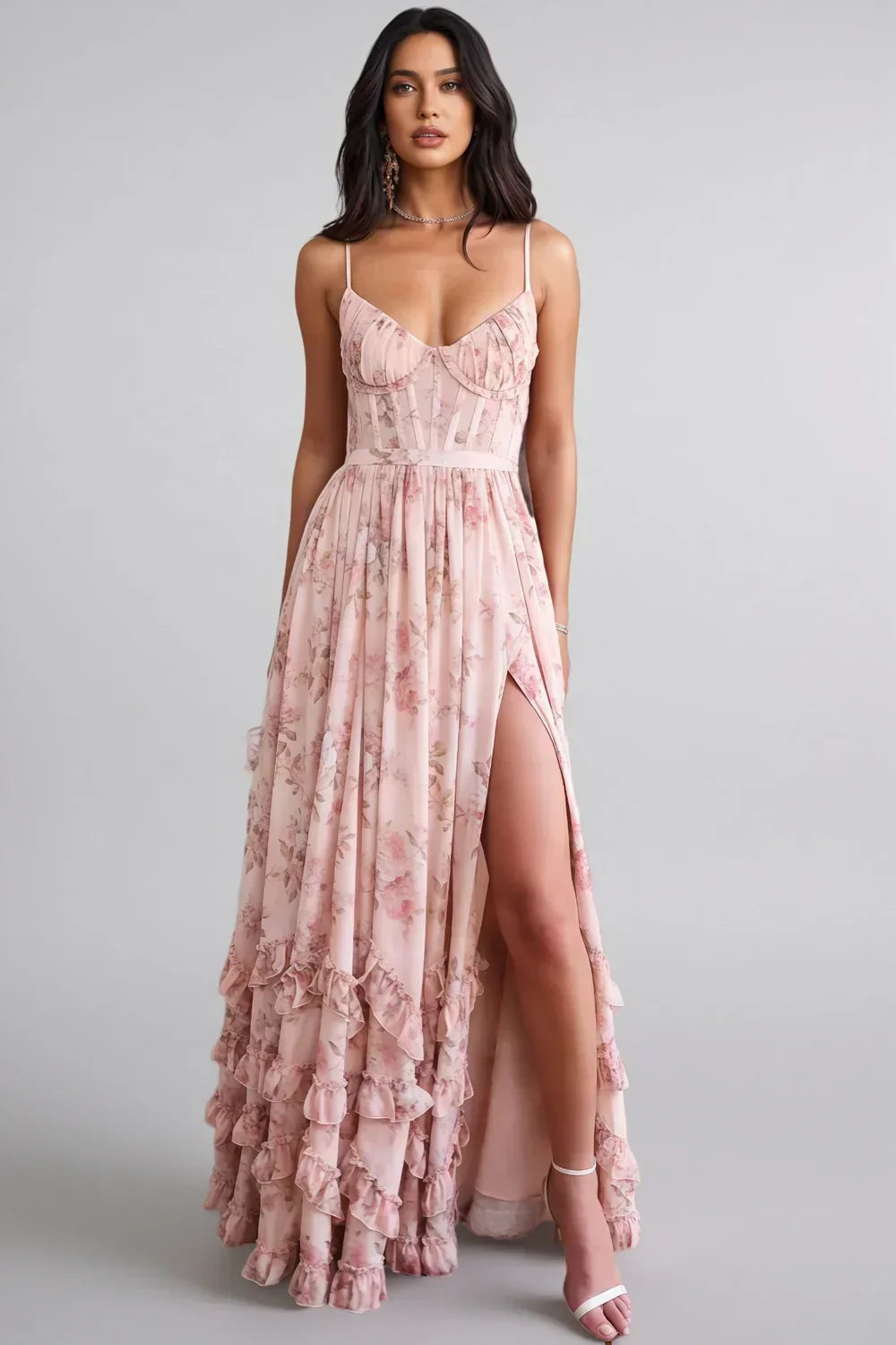 Floral Print Corset Bodice High Split Ruffle Hem Maxi Dress 7