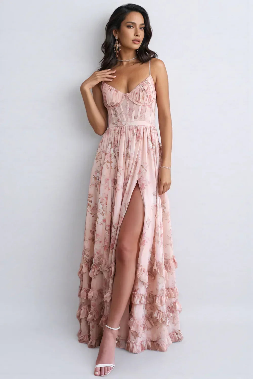 Floral Print Corset Bodice High Split Ruffle Hem Maxi Dress 5