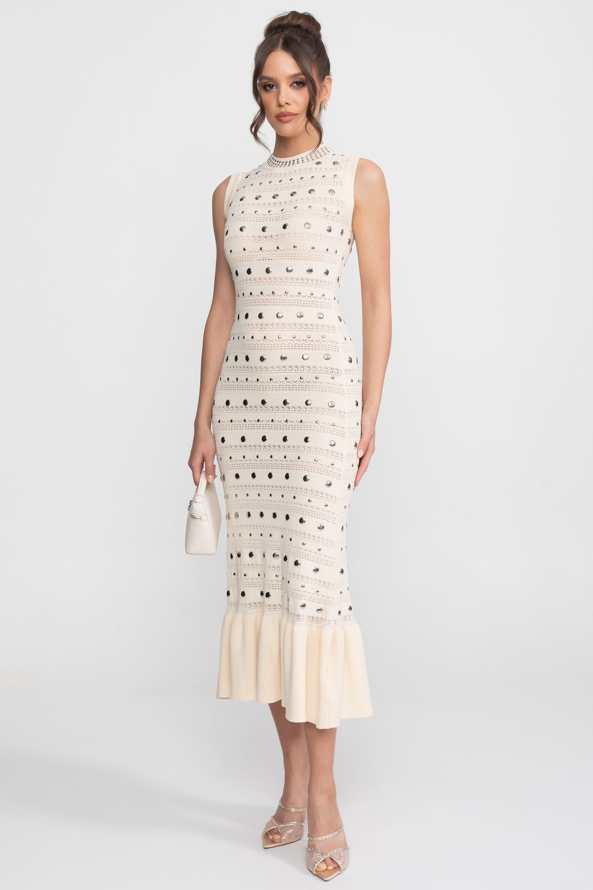 Embellished Knit Midi Dress With High Neck And Ruffle Hem - Cream - View 6