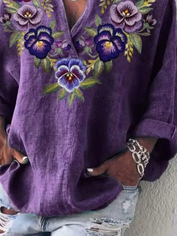 Pansy Floral Print V-Neck Long Sleeve Blouse 2