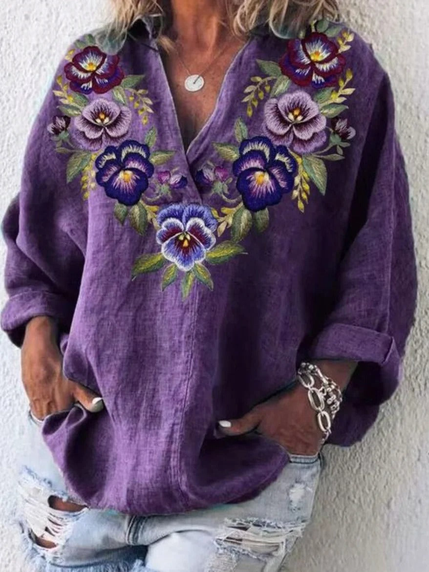 Pansy Floral Print V-Neck Long Sleeve Blouse