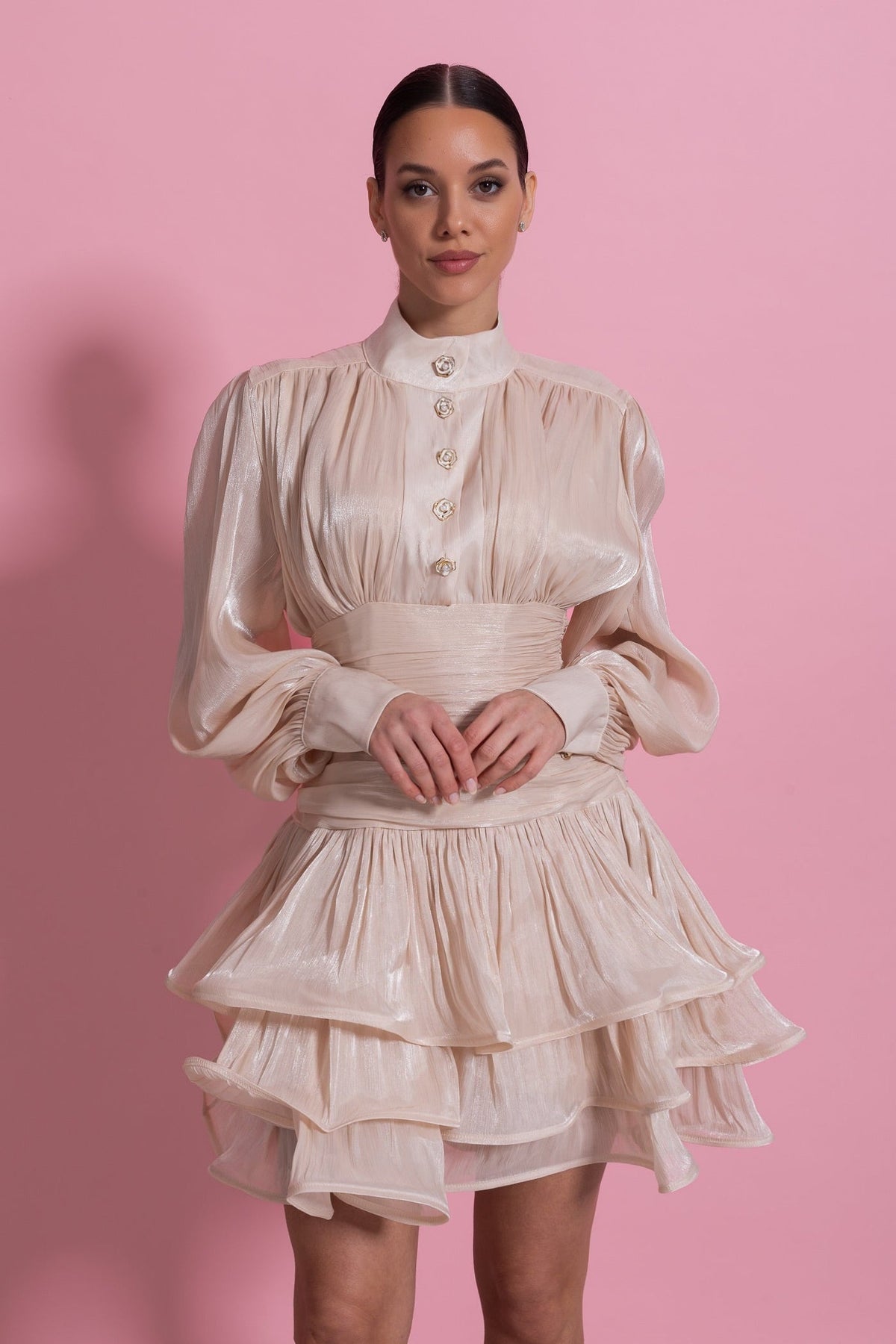 Draped Long Sleeve Mini Dress With Tiered Ruffle Skirt - Champagne - View 7