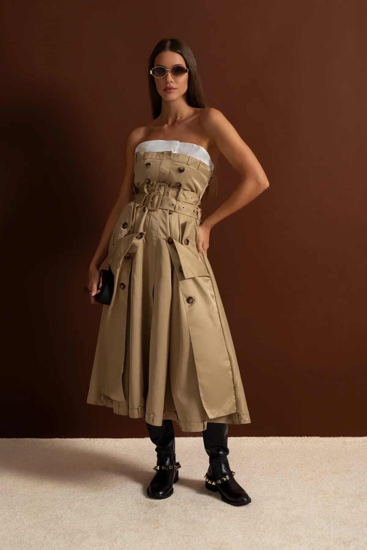 Strapless Trench Midi Dress With Belted Waist – Beige - View 2