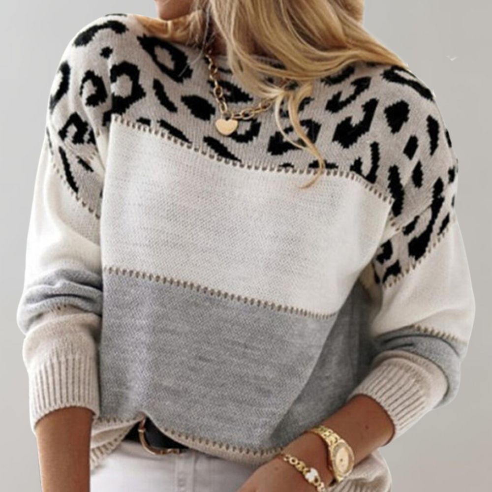 Leopard Print Color Block Boat Neck Long Sleeve Sweater 3
