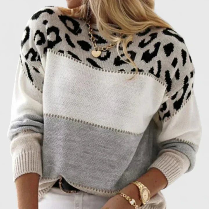 Leopard Colorblock Crew Neck Long Sleeve Knit Sweater 6