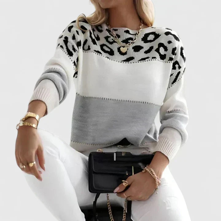 Leopard Colorblock Crew Neck Long Sleeve Knit Sweater