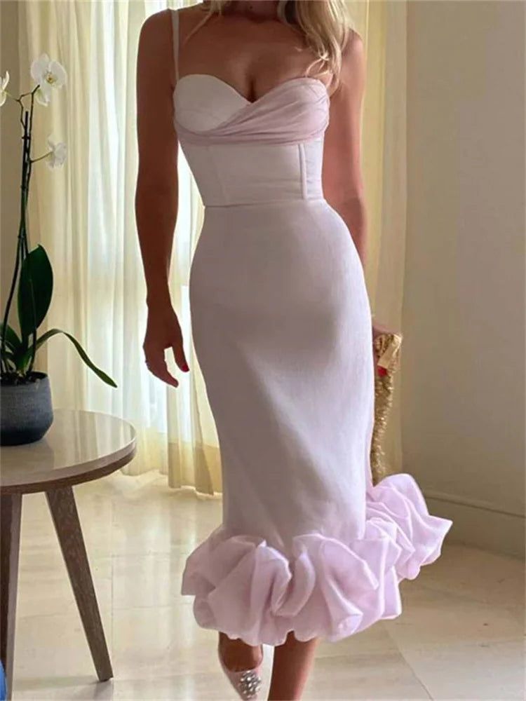Cocktail Sleeveless Low Cut VNeck Slim Ruched Ruffles Midi Dress - View 9