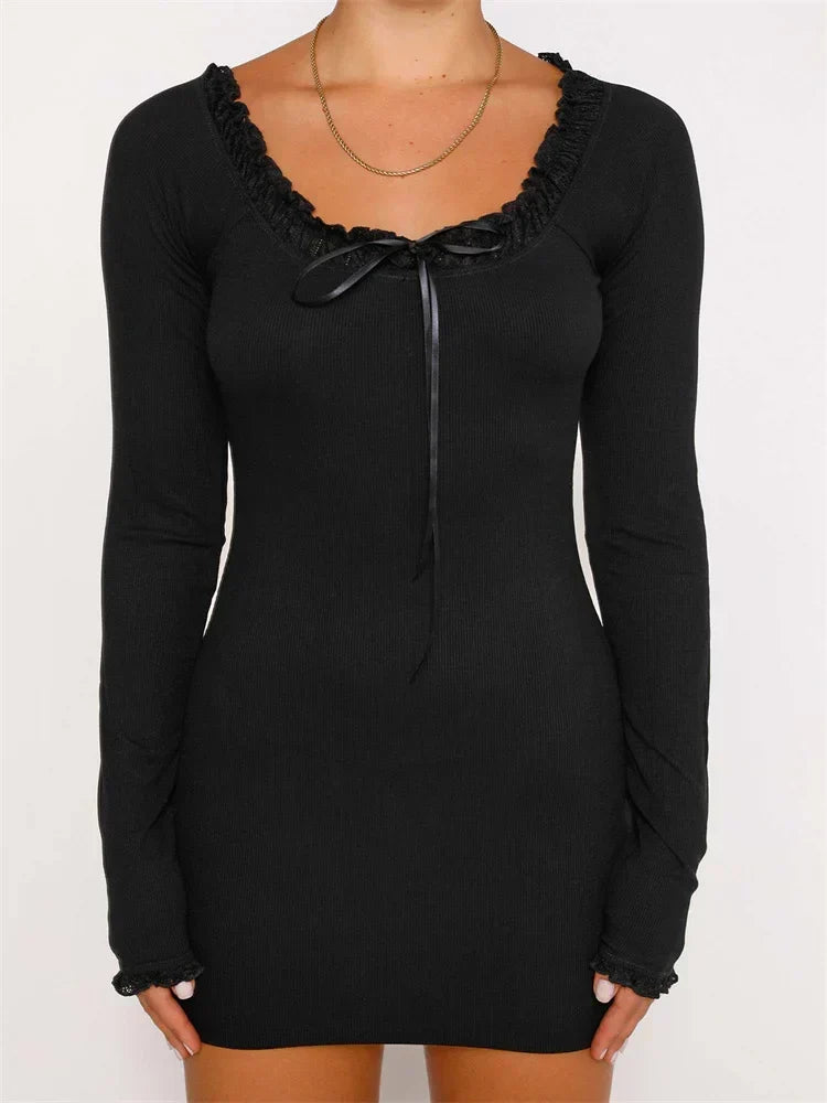 Lace Bow Patchwork Spring Autumn Ribbed Mini Dress Black / S