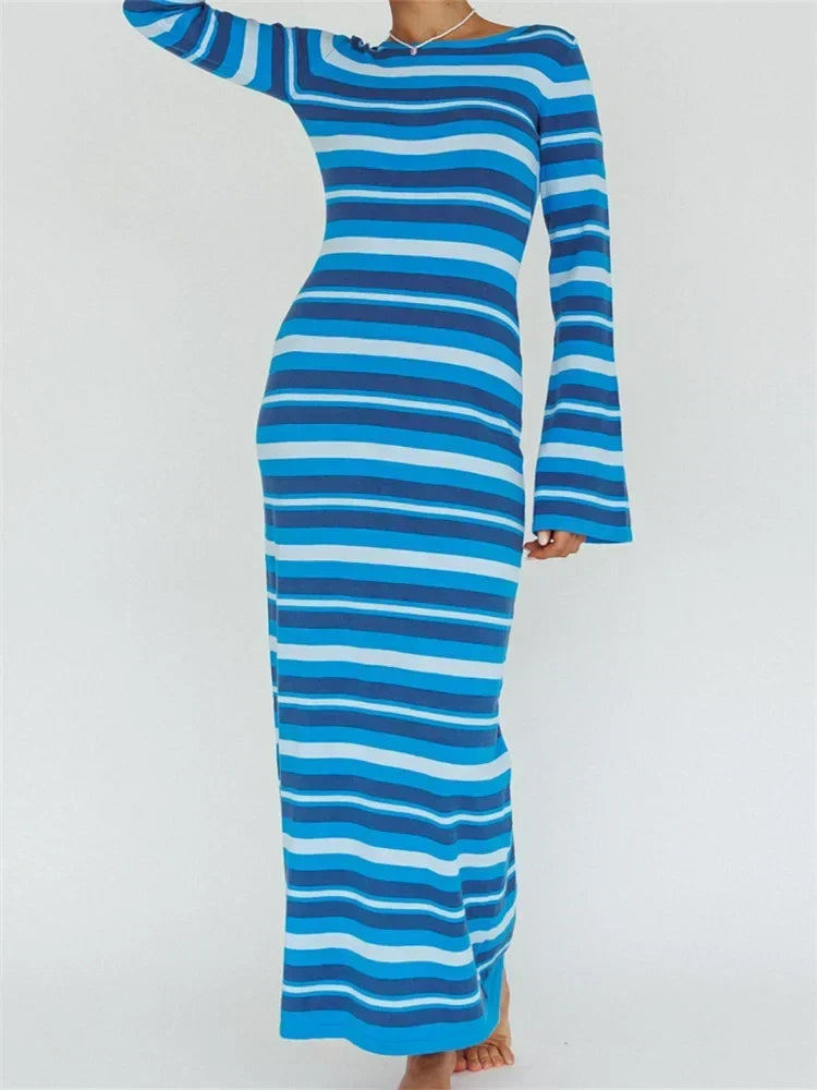 Crew Neck Flare Sleeve Striped Bodycon Maxi Dress 3