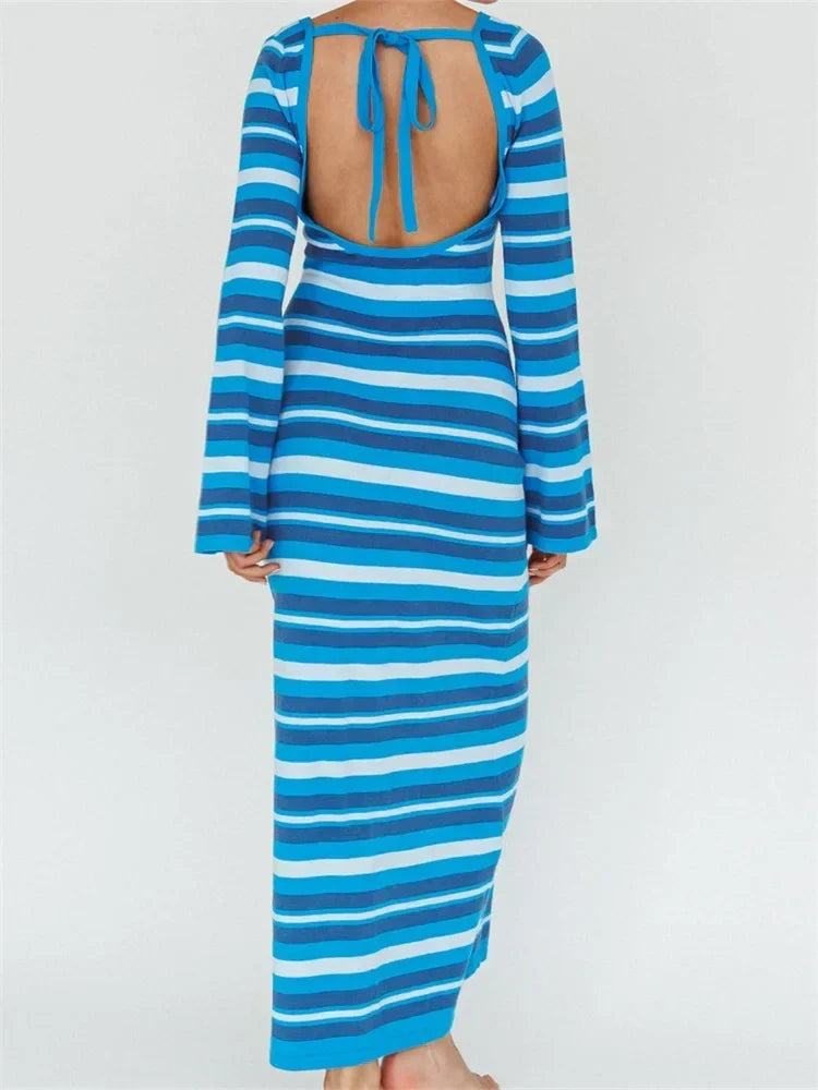 Crew Neck Flare Sleeve Striped Bodycon Maxi Dress 2