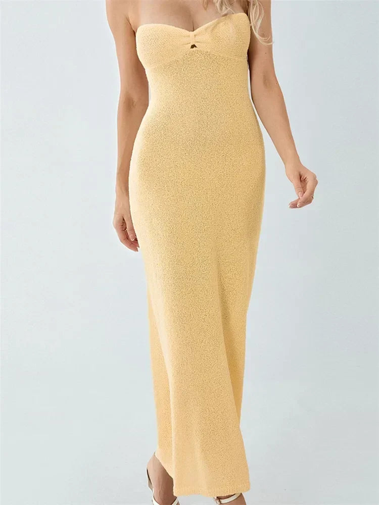 Sexy Women Knitted Tube Strapless Off Shoulder Solid Summer Tie-Up Backless Beach Female Vestidos