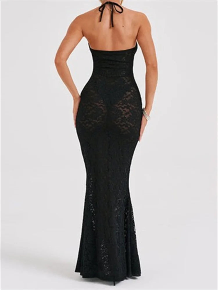 Off-Shoulder Deep V-Neck Lace Sheer Mesh Dress
