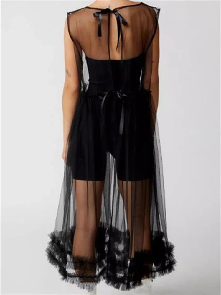 Sheer Mesh Lace Trim Cold Shoulder Bow Strap Empire Waist Midi Dress - View 4